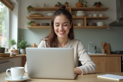 Femme en télétravail dans une cuisine lumineuse