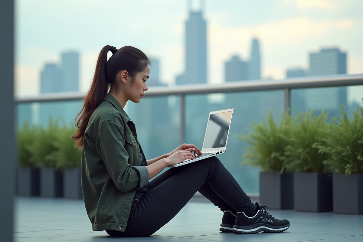 Jeune femme en techwear travaillant sur un rooftop urbain