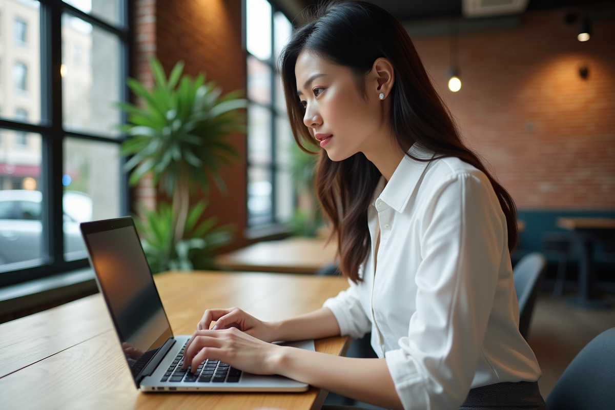 Femme professionnelle en coworking utilise son ordinateur portable
