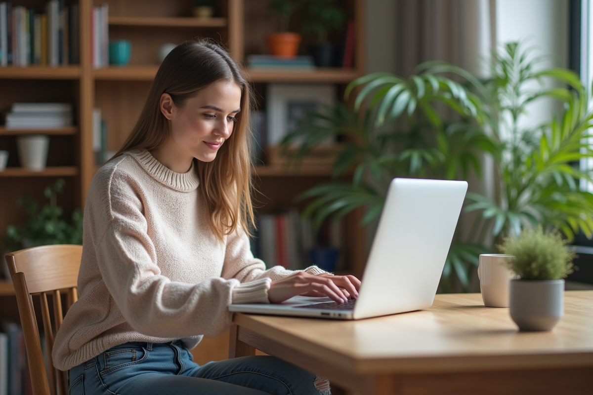 Femme assise à son bureau à domicile en train de taper sur un ordinateur