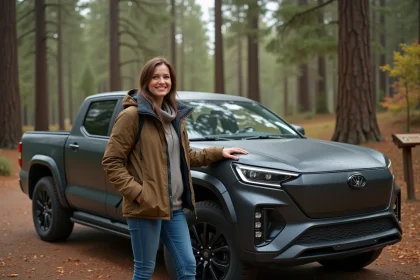 Femme souriante près d’un pickup électrique en forêt