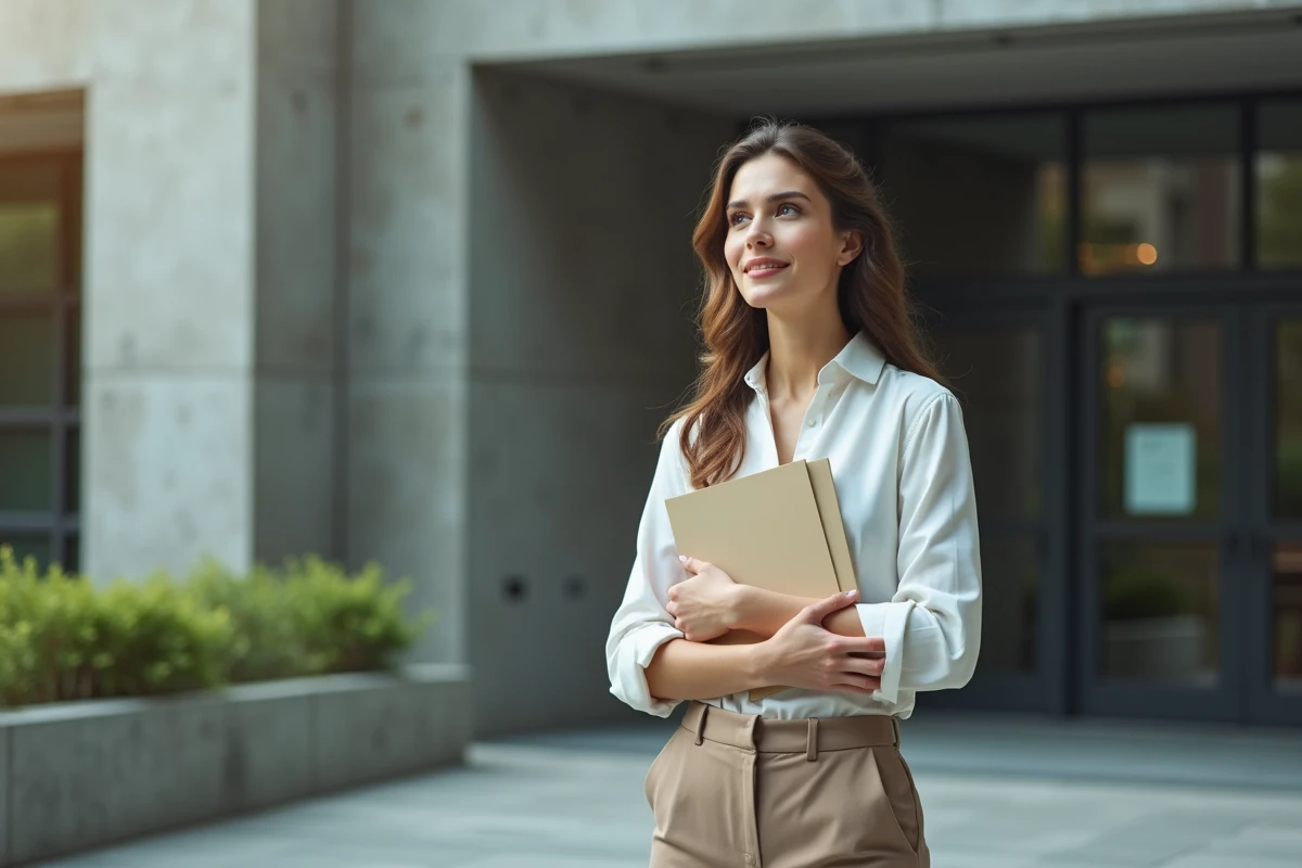 Femme professionnelle avec dossier devant bâtiment urbain