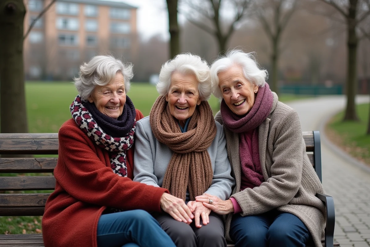 Trois femmes âgées partageant un rire dans un parc