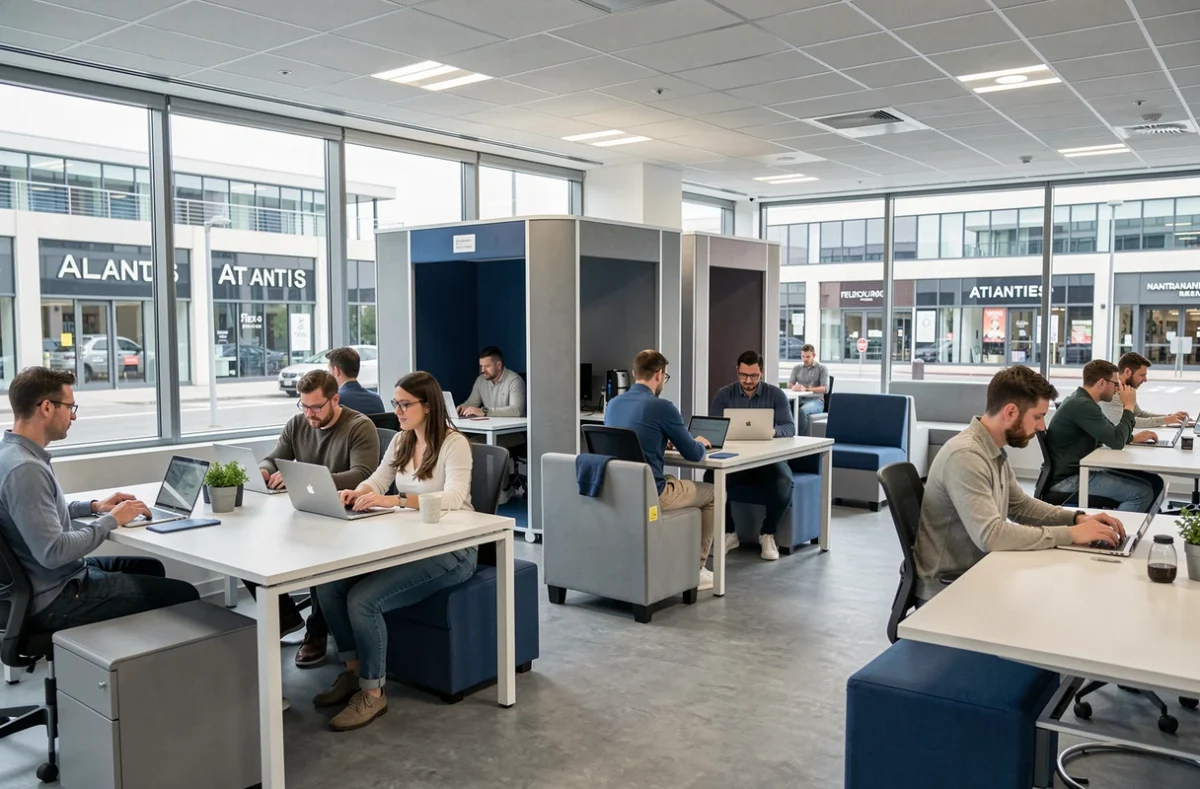Flex-O Nantes Atlantis, espace de coworking flexible dans le quartier d'affaires Atlantis avec bureaux modulables et zones collaboratives