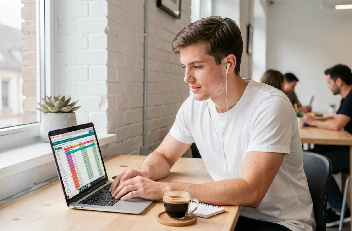 Florian Music, consultant SEO freelance, travaillant sur une recherche de mots-clés dans un espace de co-working lumineux et minimaliste