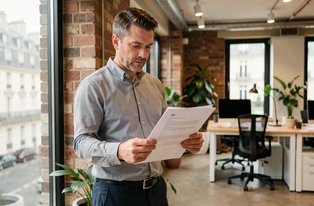 Freelance masculin examinant un contrat de portage salarial dans un espace de coworking parisien