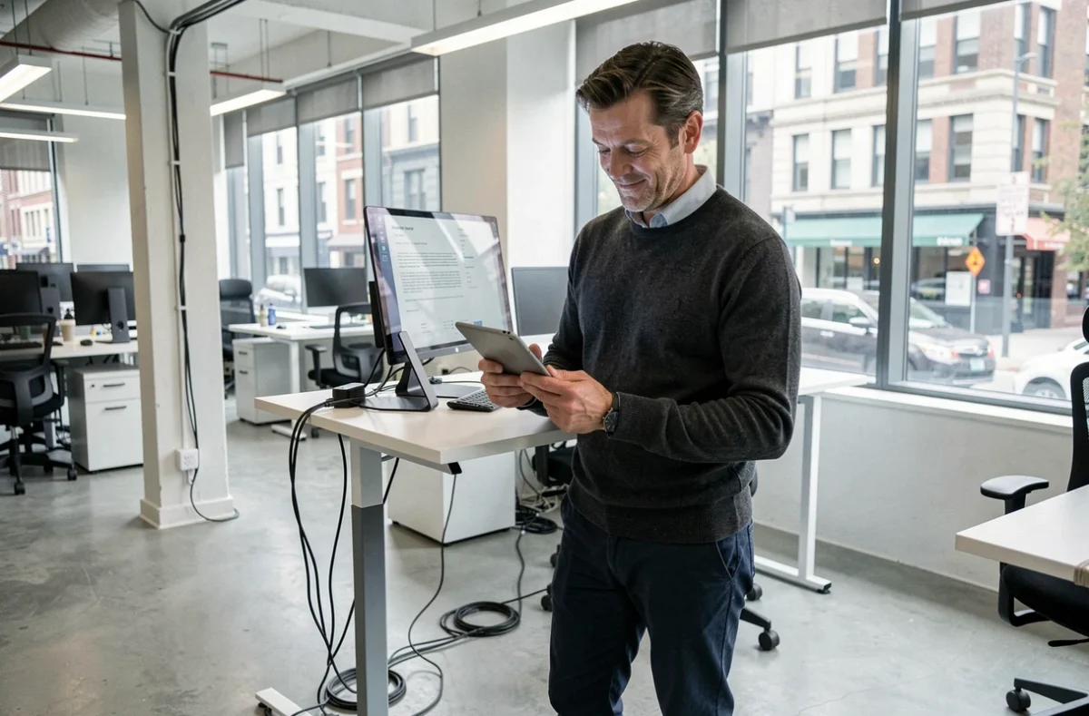 Freelance développeur web consultant son contrat en portage salarial sur une tablette dans un bureau moderne