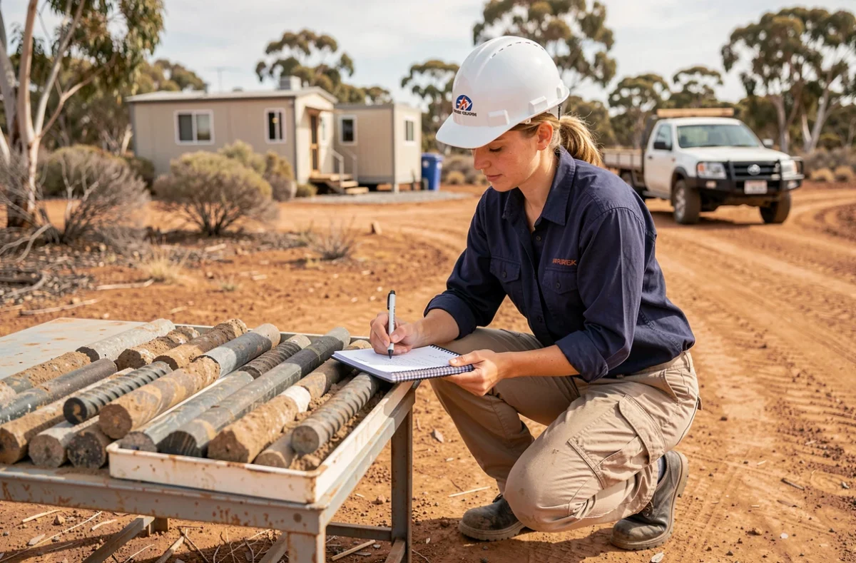Technicienne géologue analysant des carottes de forage sur un site minier en Australie
