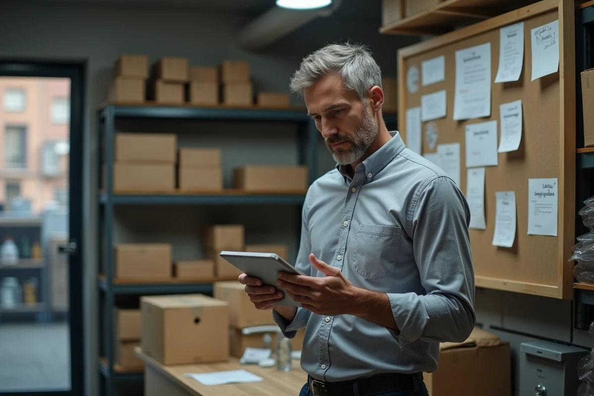 Gérant d'une petite entreprise utilisant une application de gestion de paie sur tablette dans une réserve de commerce