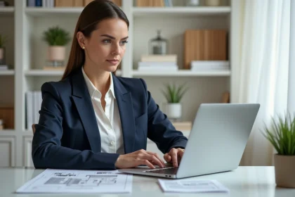 Propriétaire immobilière consultant un logiciel de gestion locative sur ordinateur portable dans un bureau moderne