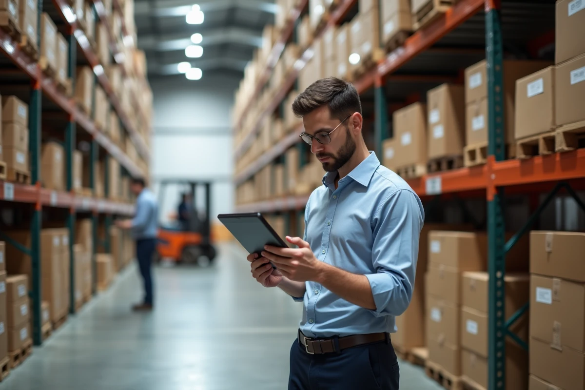 Jeune gestionnaire logistique inspectant un entrepôt avec tablette