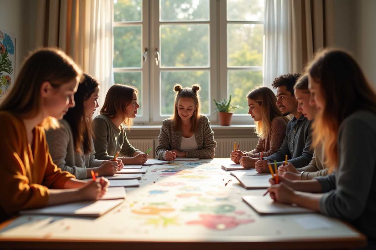 Groupe d'adultes divers collaborant sur un projet artistique