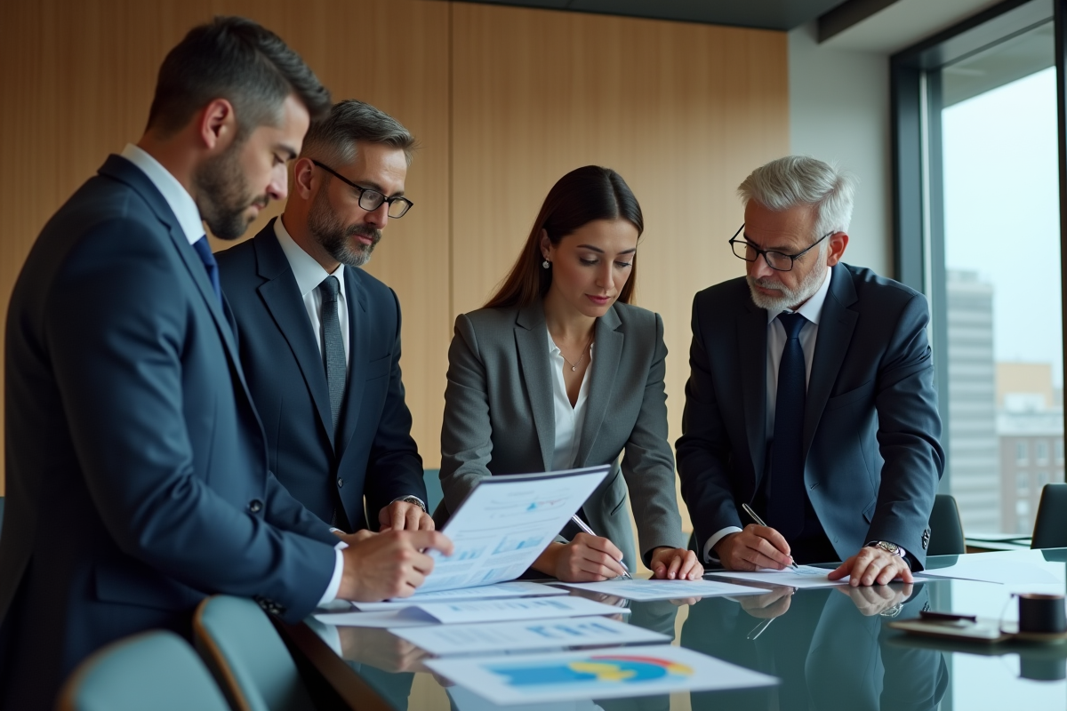 Groupe de professionnels en réunion dans une salle moderne