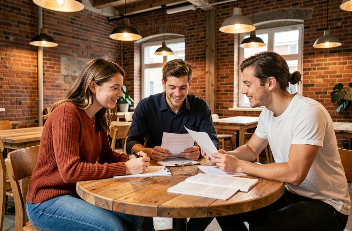 Groupe de professionnels en réunion informelle dans un espace de coworking convivial à Cergy
