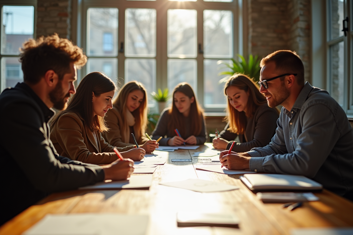 Groupe de créatifs en brainstorming autour d'une table