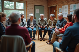 Groupe de personnes en discussion dans un centre communautaire