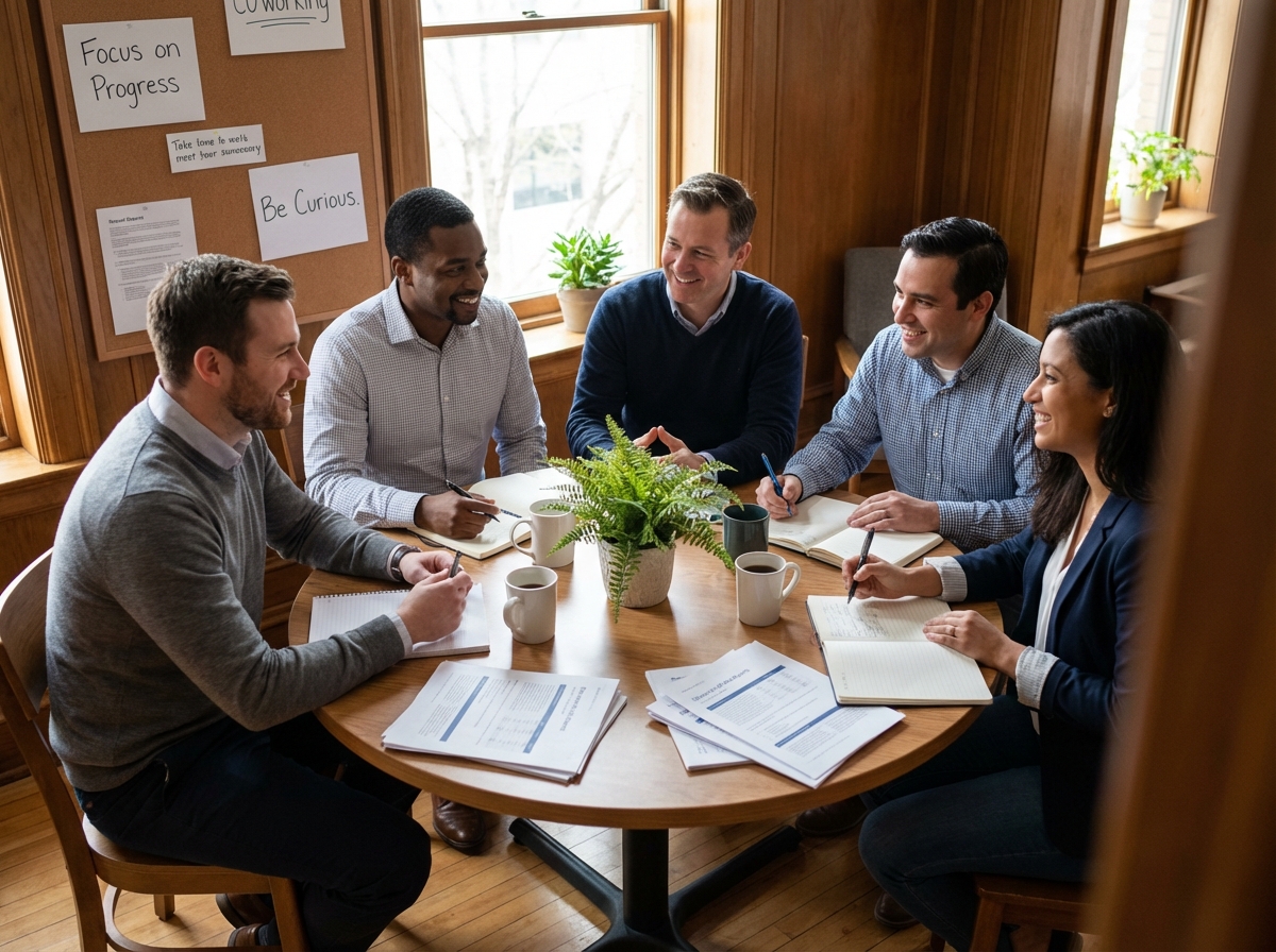 Groupe diversifi&eacute; en discussion dans un espace de coworking convivial