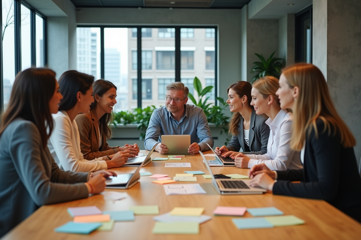 Groupe diversifié en discussion dans un espace coworking moderne
