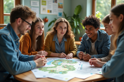 Groupe diversifié discutant autour d'une carte sur le développement durable