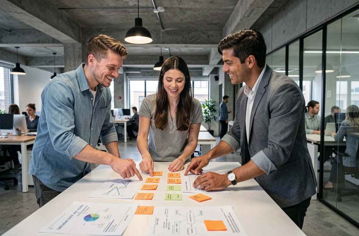 Groupe d'entrepreneurs en réunion collaborative autour de stratégies d'investissement en actifs numériques dans un espace de coworking