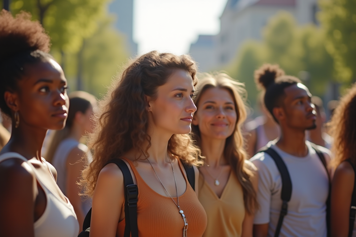 Groupe diversifié dans une place urbaine ensoleillée