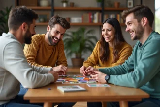 Groupe de quatre adultes jouant à un jeu de société convivial