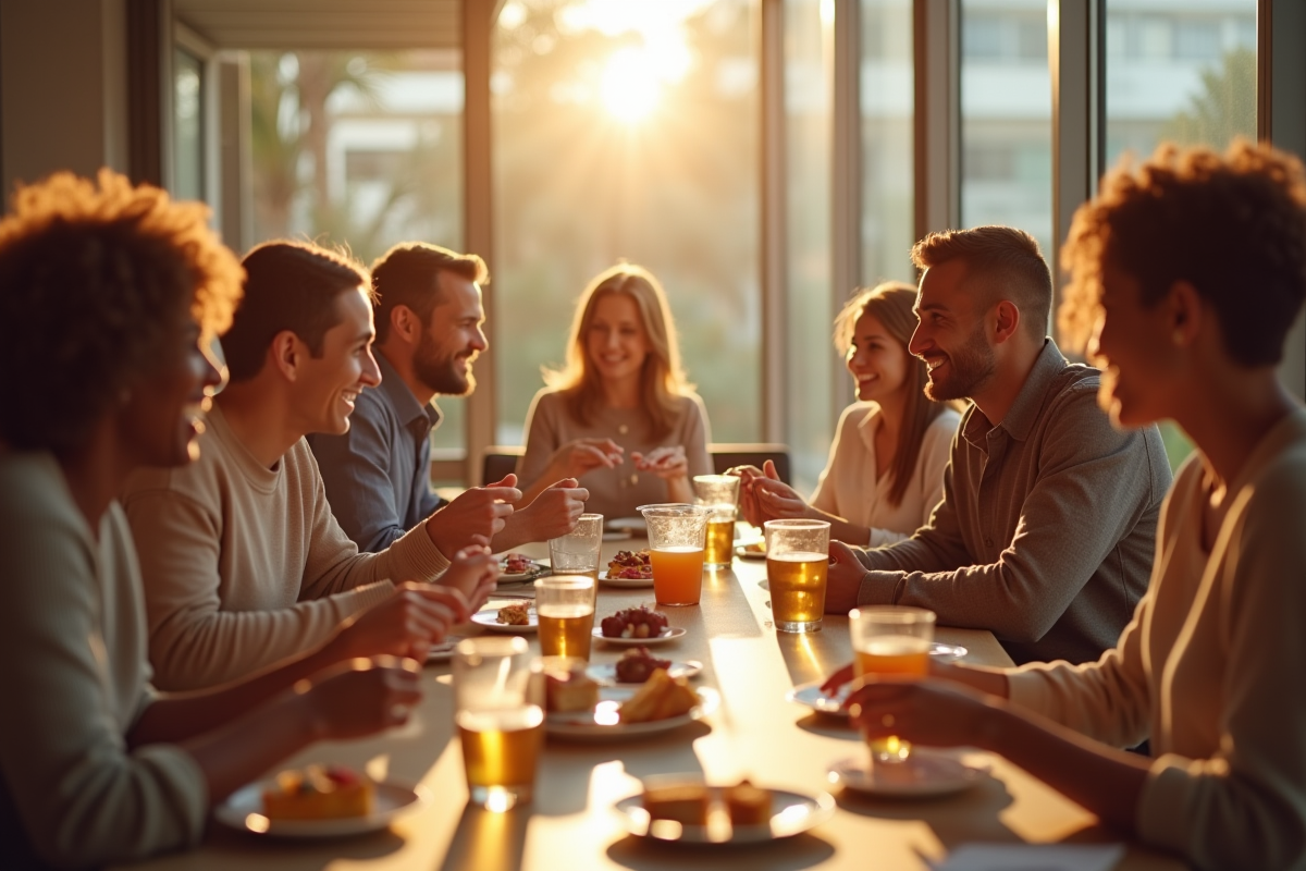 Groupe divers partageant un repas ensoleille autour d'une table