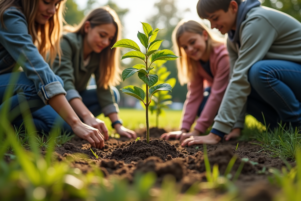 Groupe de personnes plantant des jeunes arbres dans un parc urbain ensoleille