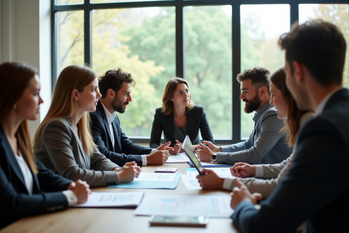 Groupe de professionnels en réunion dans un bureau lumineux