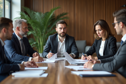 Groupe de professionnels en réunion dans un bureau moderne