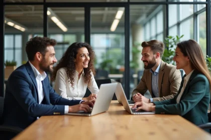 Groupe de professionnels collaborant dans un espace coworking moderne