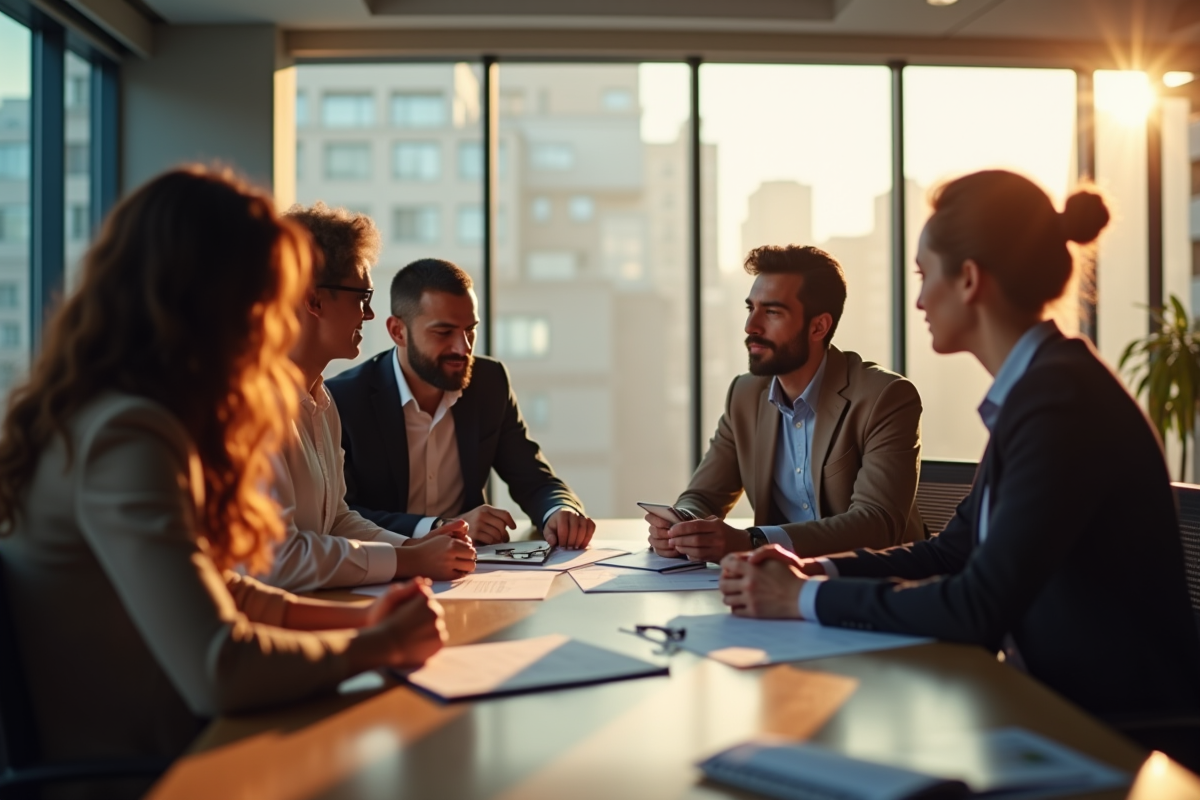 Groupe de professionnels en discussion dans un bureau lumineux