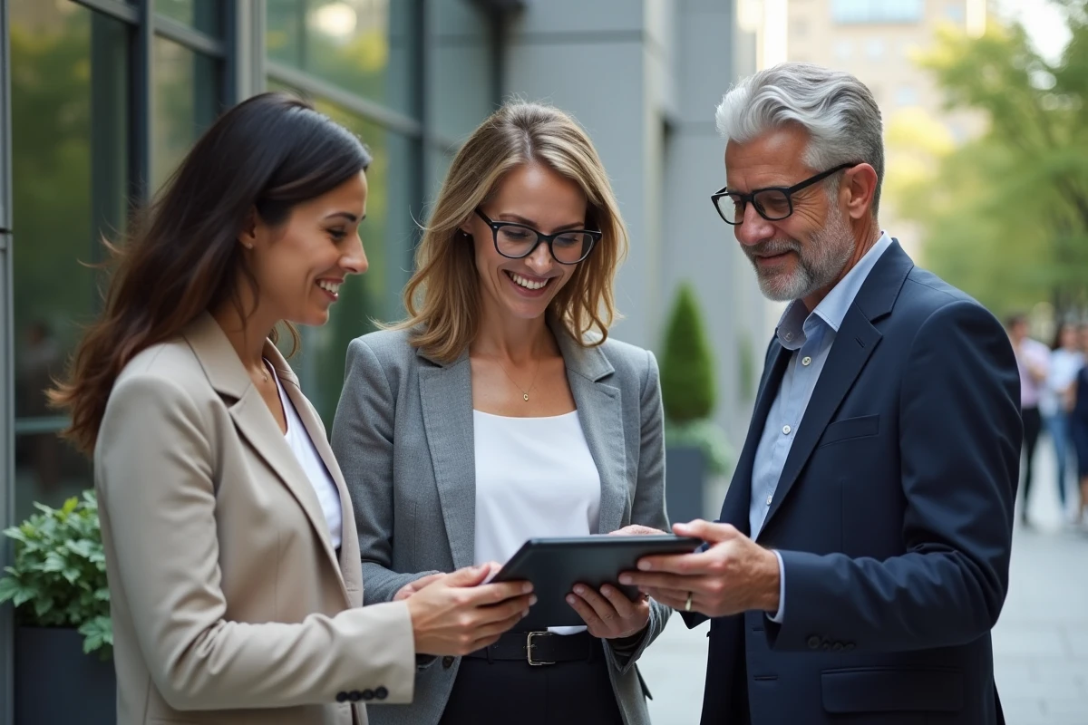 Groupe divers de professionnels discutant en extérieur