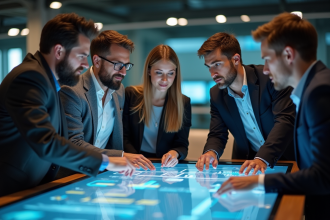 Groupe diversifié autour d'une table numérique en espace moderne