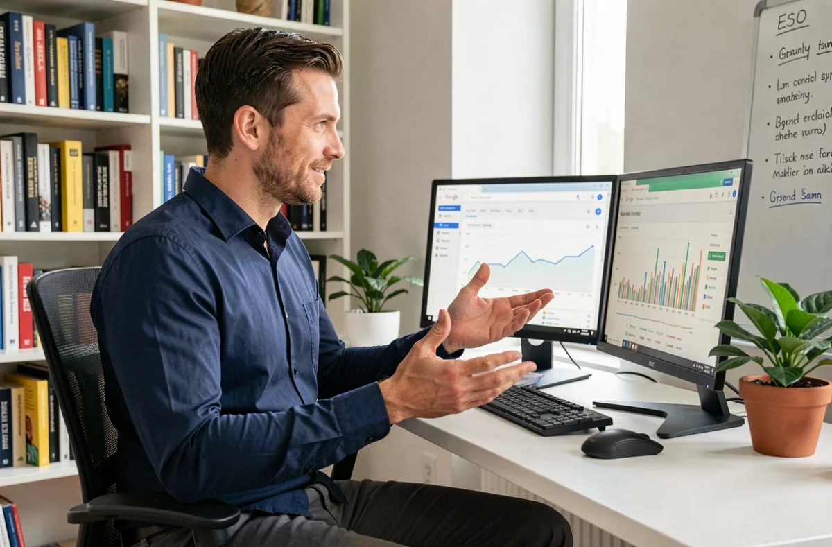 Guillaume Girod, consultant SEO, expliquant une stratégie d'optimisation sur ses écrans dans son bureau moderne