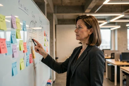 Femme cadre analysant une matrice de risques sur un tableau en verre dans un bureau moderne
