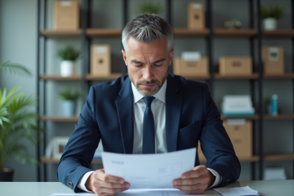 Homme d'affaires en costume navy examine un dossier