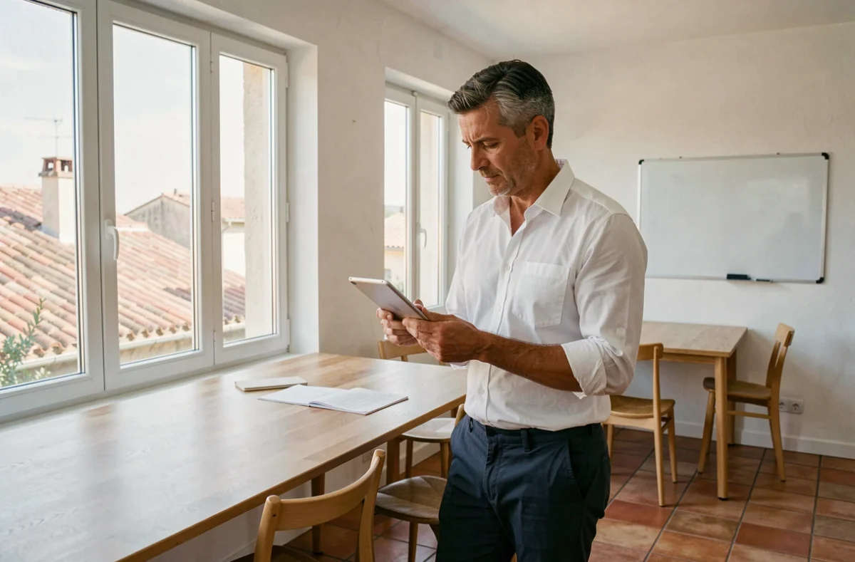 Homme debout à un bureau réglable dans un espace de coworking moderne à Aix-en-Provence avec vue sur les toits