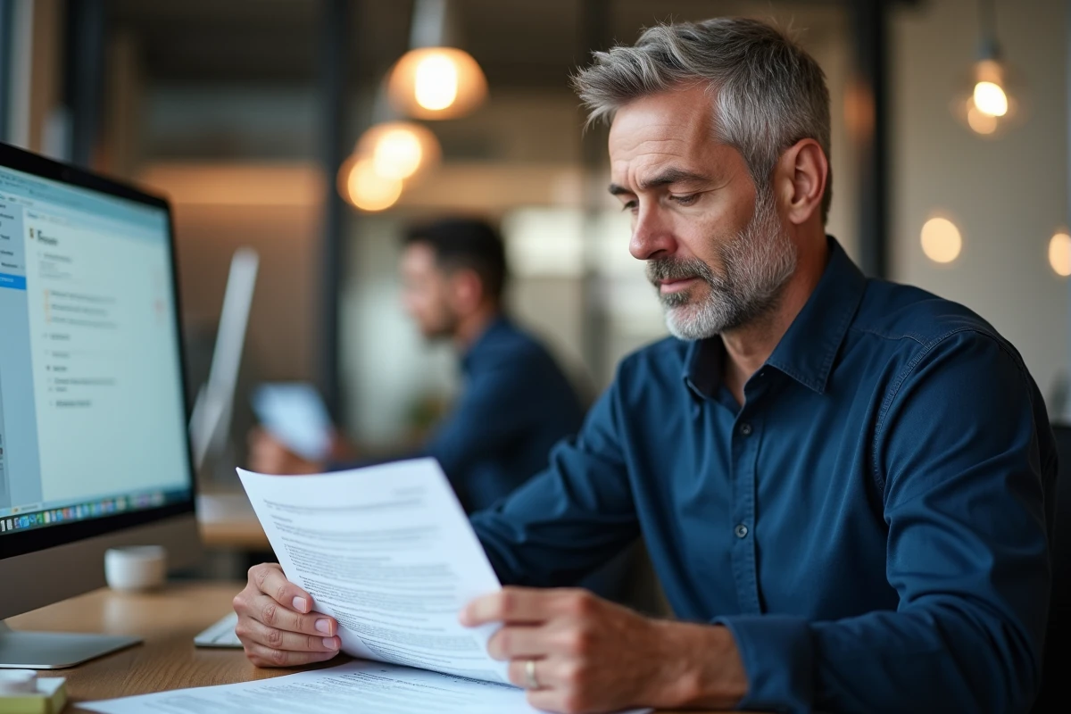 Homme d'affaires lisant un contrat de travail dans un open space avec un client email ouvert en arrière-plan