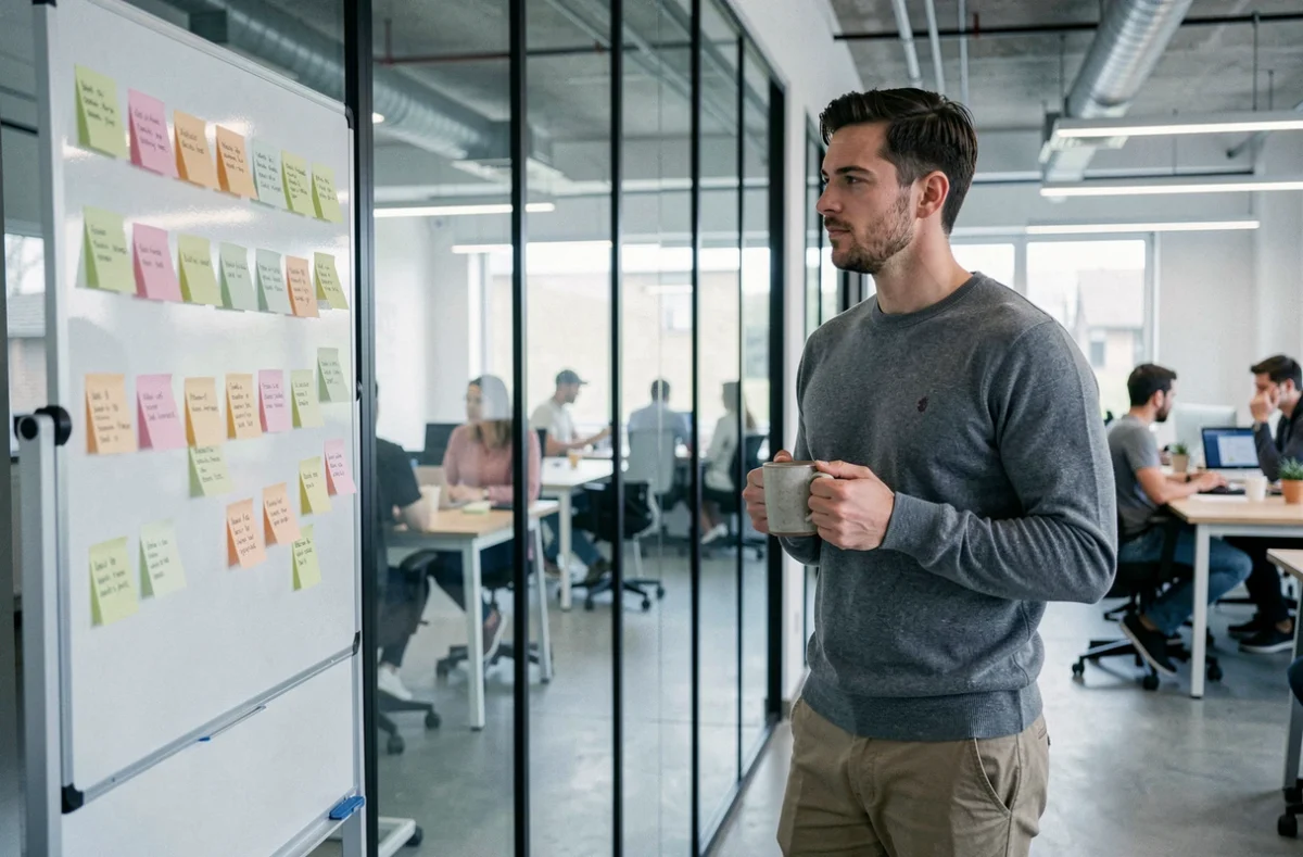 Homme avec un café dans un espace de coworking flexible à Cergy devant un tableau collaboratif