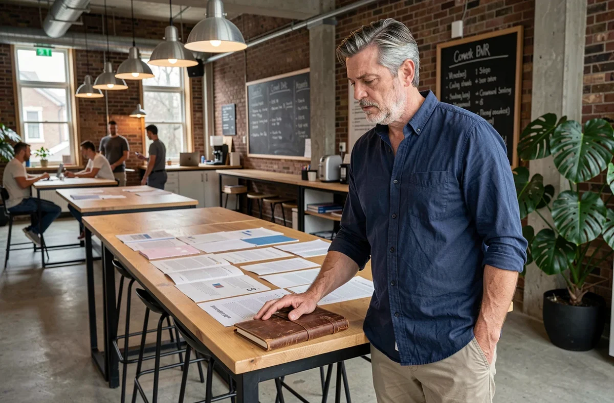 Homme consultant des documents sur une table haute dans un espace de coworking style industriel à Auxerre avec tableau des tarifs visible