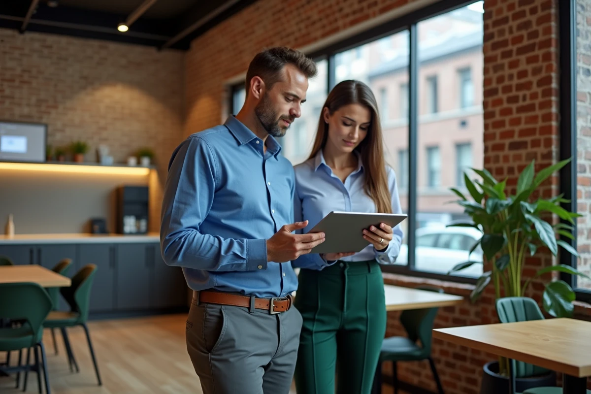 Homme discutant de devis avec un coll&egrave;gue dans un espace de coworking