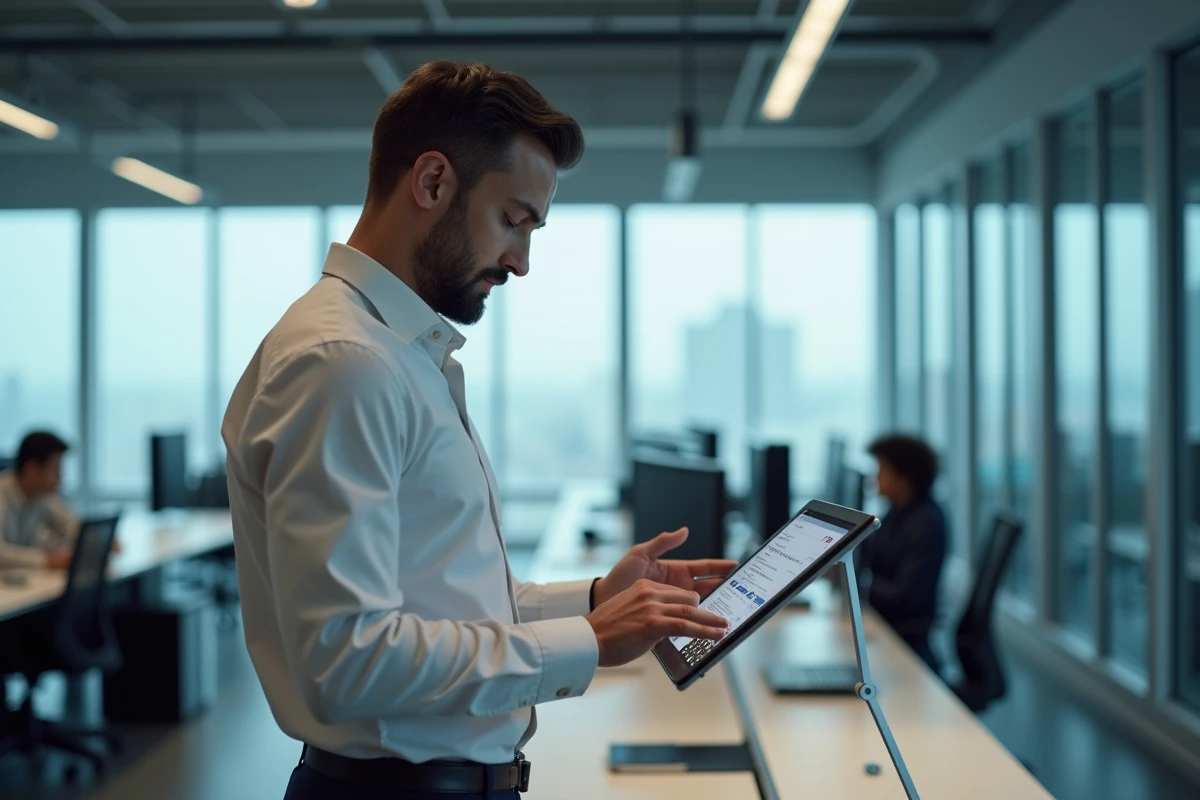 Homme debout dans un bureau de notaire consultant une offre d'emploi sur tablette numérique