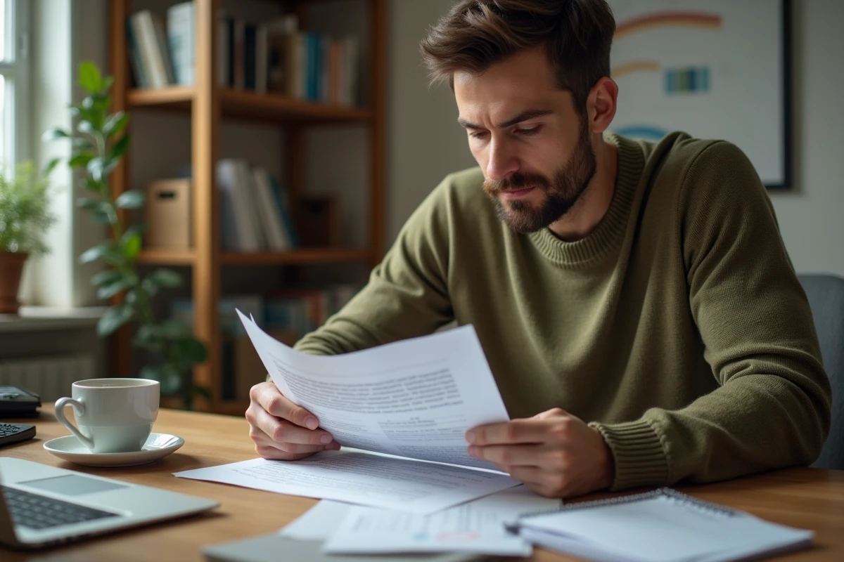 Jeune homme à domicile lisant attentivement un contrat de travail pour calculer ses heures mensuelles et hebdomadaires à 39h