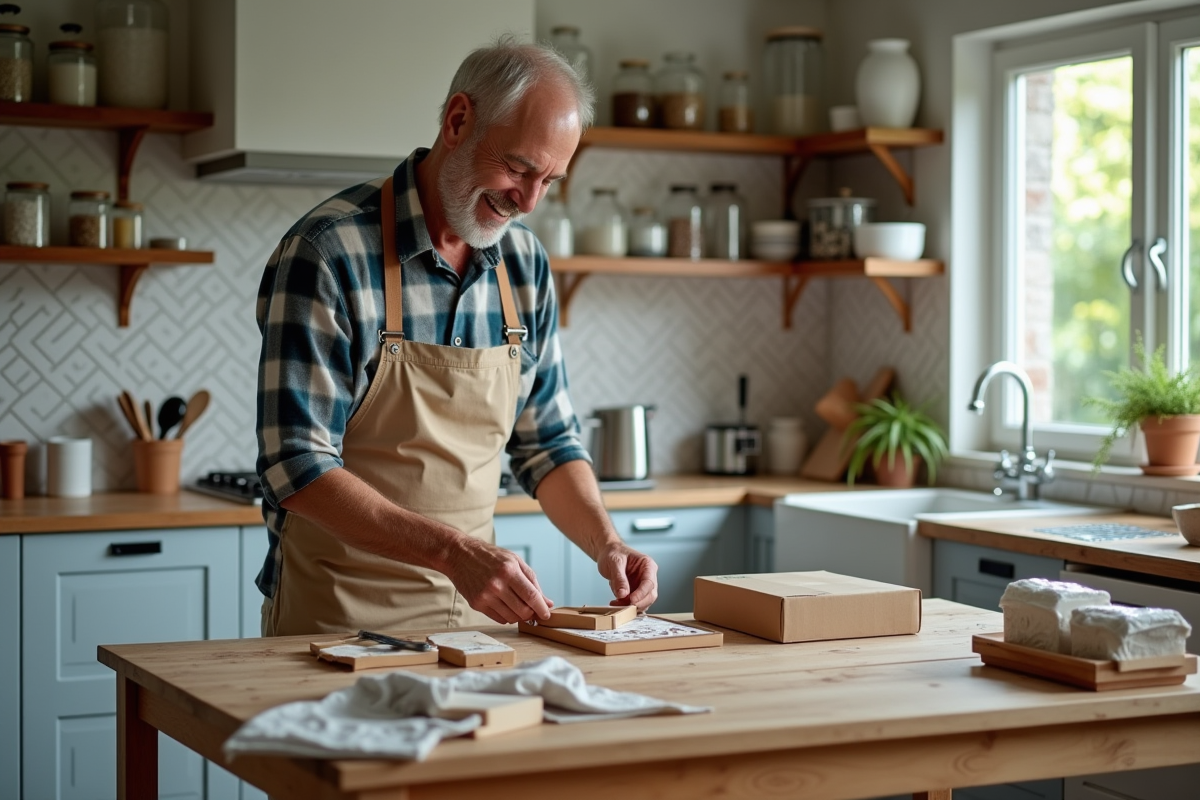 Homme emballant des objets artisanaux dans une cuisine lumineuse
