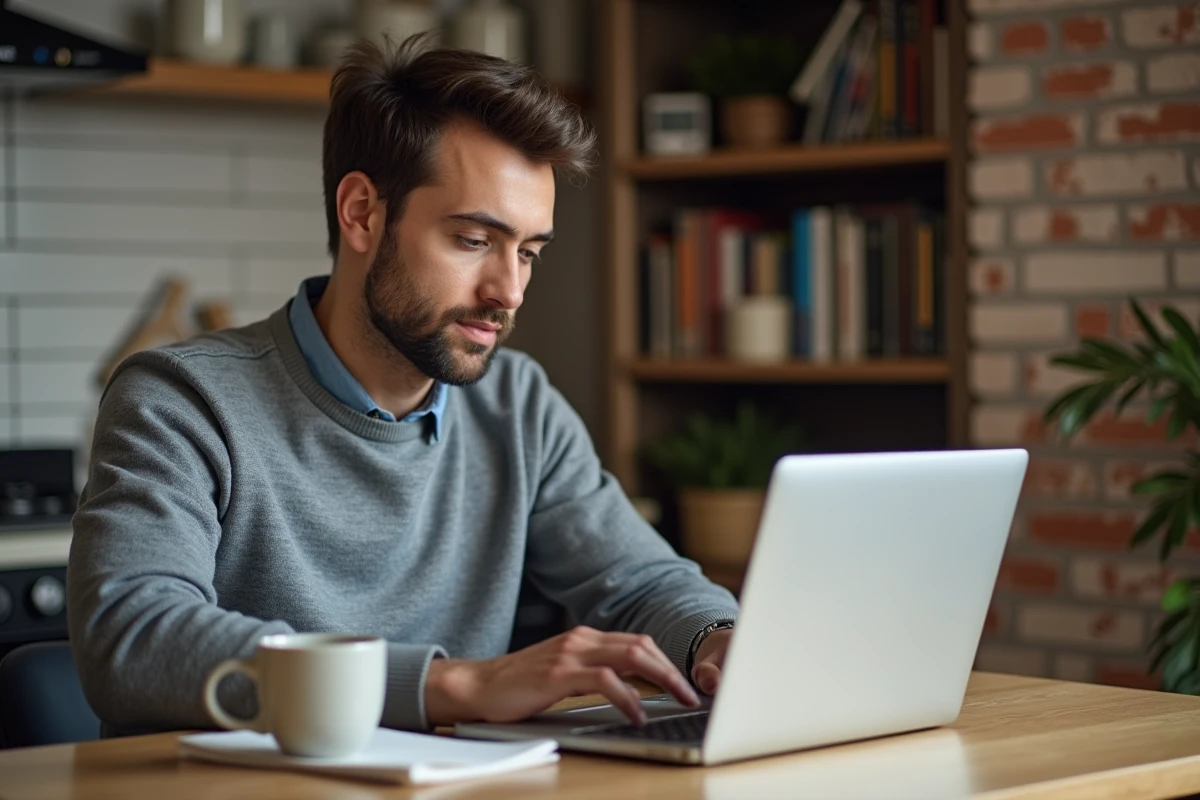 Homme consultant un site d'actualités financières et juridiques sur laptop depuis son domicile