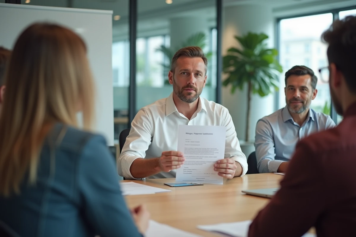 Manager en réunion avec collègues dans une salle de travail ouverte