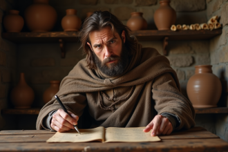 Homme médiéval étudie routes commerciales dans un bureau ancien