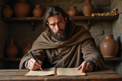 Homme médiéval étudie routes commerciales dans un bureau ancien