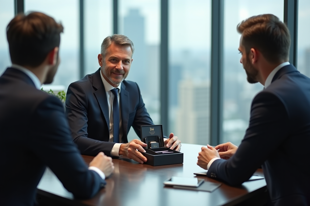 Homme en réunion présentant un coffret cadeau professionnel
